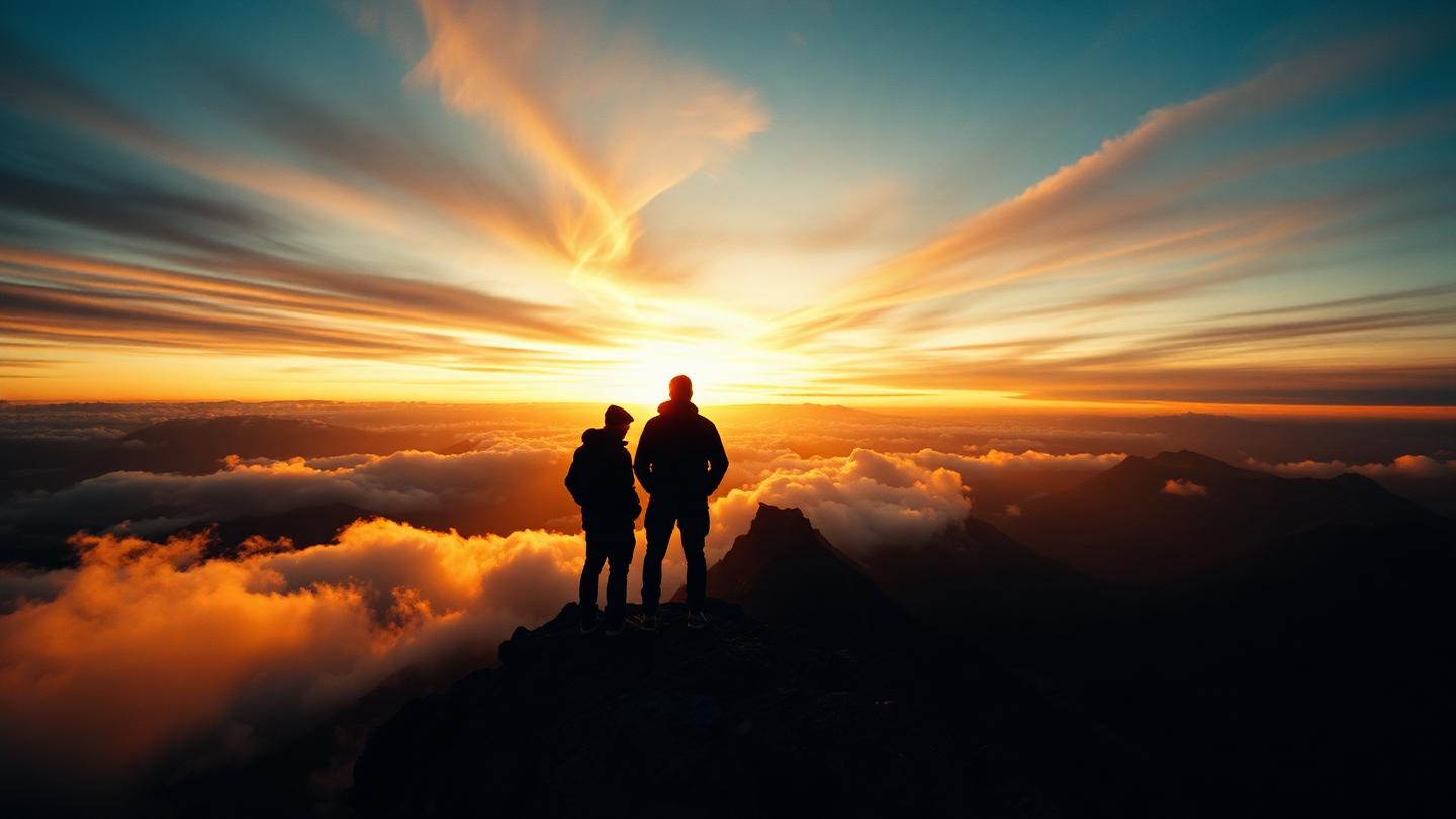 Two figures at a mountain peak at golden hour from the film AUM
