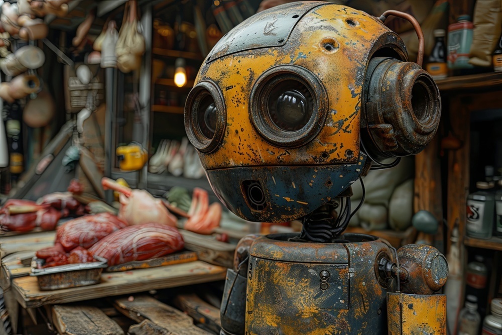 A weathered yellow robot standing inside a busy workshop