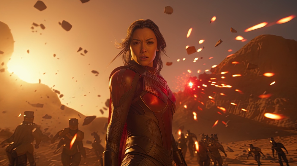 An armored heroine surrounded by sparks and flying debris on a battlefield