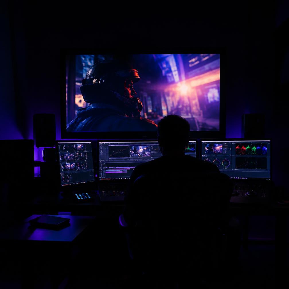 A colour grading suite in near darkness with a sci-fi frame on screen