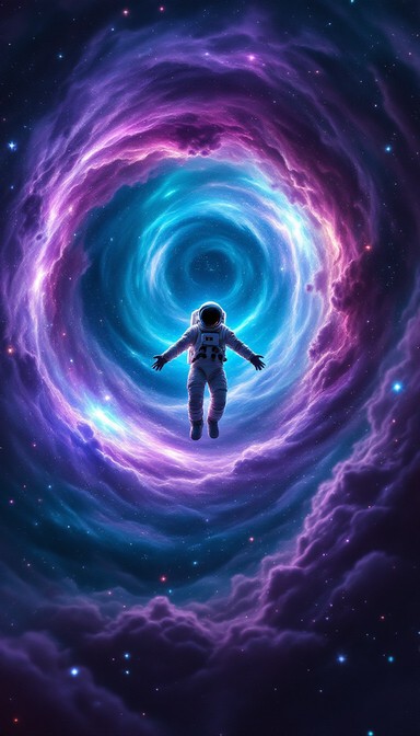 An astronaut adrift before a colossal nebula gate