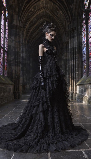 A woman in a black gothic gown inside a cathedral