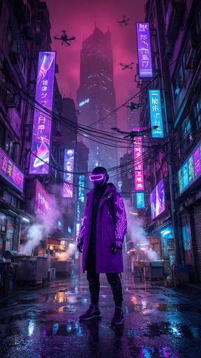 A visor-wearing wanderer in a neon-lit cyberpunk alley