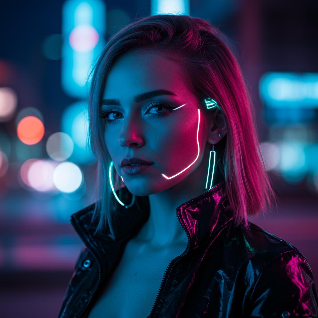 A woman with glowing cybernetic facial implants under blue and pink neon lights