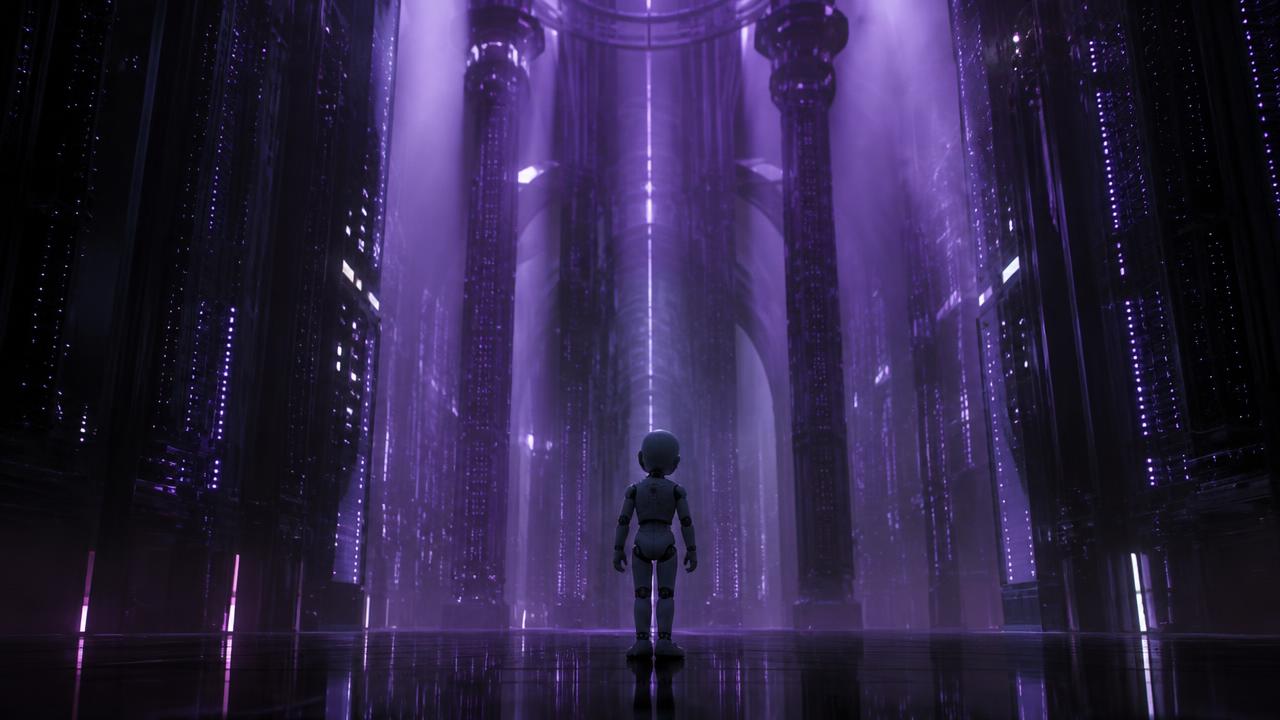 A small android standing in an endless server cathedral